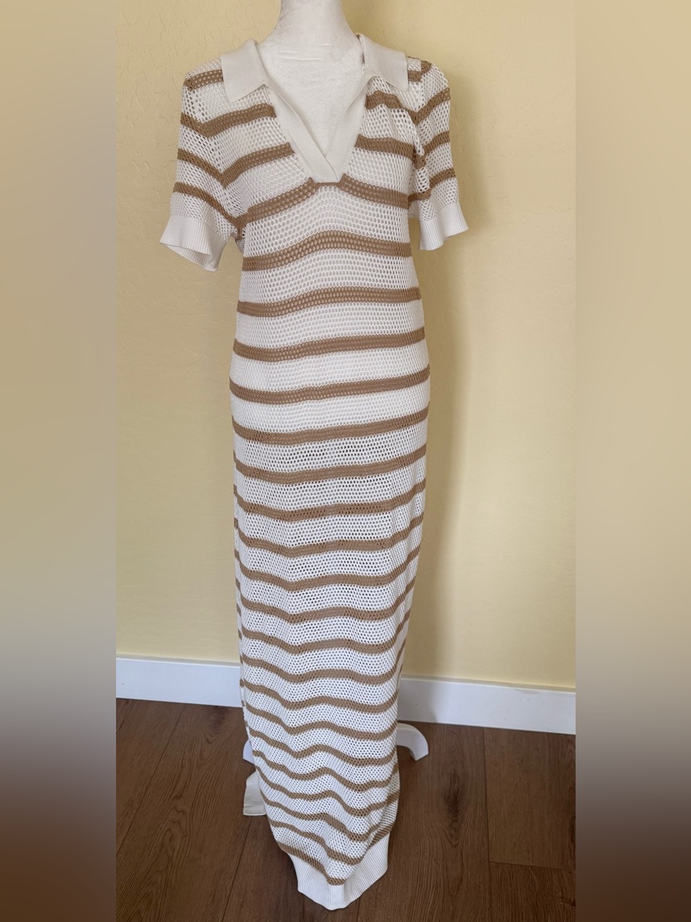 Le' AL.X Striped Knit Crochet V-Neck Sleeveless Crochet Coverup Dress SZ XL